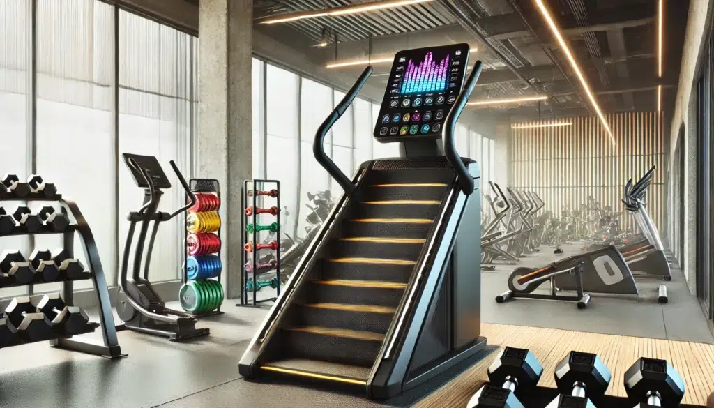 Advanced gym setup showcasing a state-of-the-art stair climber machine with a digital display, vibrant fitness equipment, and a clean, well-lit environment with large windows.