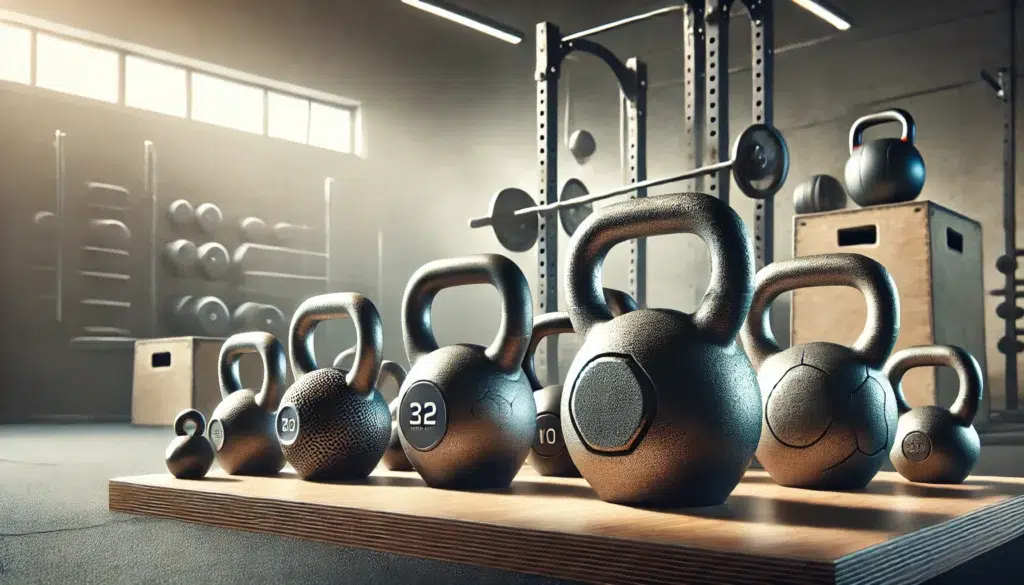 Modern gym setting featuring a variety of kettlebells, including adjustable kettlebells and kettlebell sets, neatly arranged for fitness enthusiasts