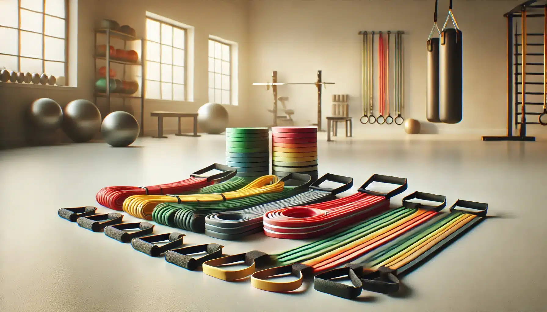 Best resistance bands neatly arranged in a gym setting, featuring loop bands, tube bands, and therapy bands for strength training and flexibility exercises. Colorful resistance bands neatly arranged on a gym floor.Loop bands, tube bands, and therapy bands displayed in a fitness studio.Various resistance bands used for strength training and rehabilitation.Set of resistance bands with handles and ankle straps for workouts.Resistance bands in different thickness levels for versatile exercises.