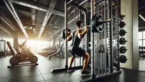 A fitness enthusiast performing squats on a Smith Machine in a modern gym, focusing on proper form with the bar weight securely positioned. Ideal for learning Smith Machine squats and understanding bar weight techniques.