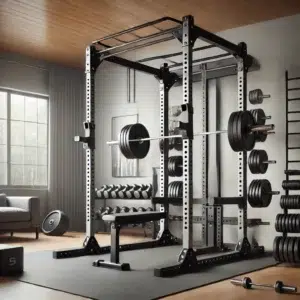 Modern home gym featuring a sturdy power rack with adjustable safety bars, J-hooks, and pull-up bars, including a folding power rack for space-saving fitness solutions, ideal gym rack setup for weightlifting and strength training.