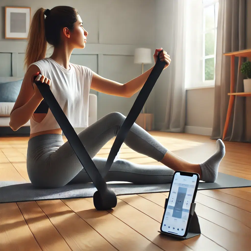 Person using a stretch strap on a yoga mat for flexibility exercises in a minimalistic home workout space with natural lighting